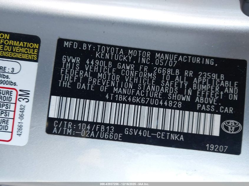 2007 Toyota Camry Le V6 VIN: 4T1BK46K67U044828 Lot: 43937256