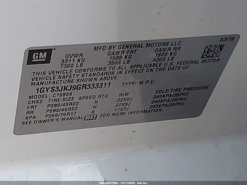 2016 Cadillac Escalade Esv Premium Collection VIN: 1GYS3JKJ9GR333311 Lot: 43937260