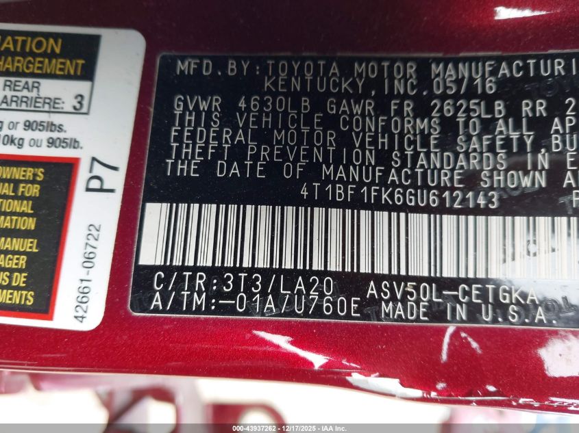 2016 Toyota Camry Xle VIN: 4T1BF1FK6GU612143 Lot: 43937262