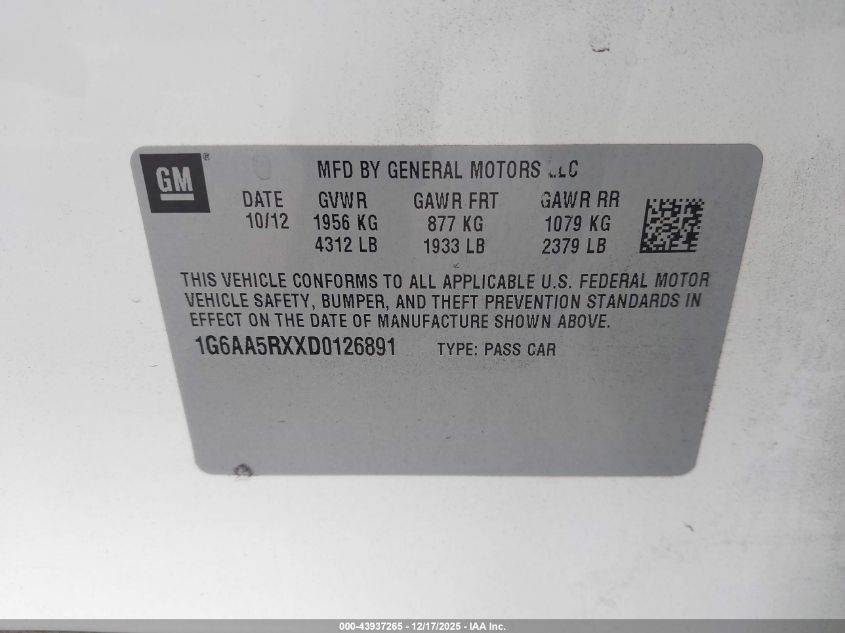 2013 Cadillac Ats Standard VIN: 1G6AA5RXXD0126891 Lot: 43937265