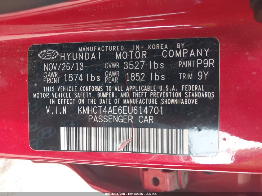 2014 Hyundai Accent Gls VIN: KMHCT4AE6EU614701 Lot: 43937268