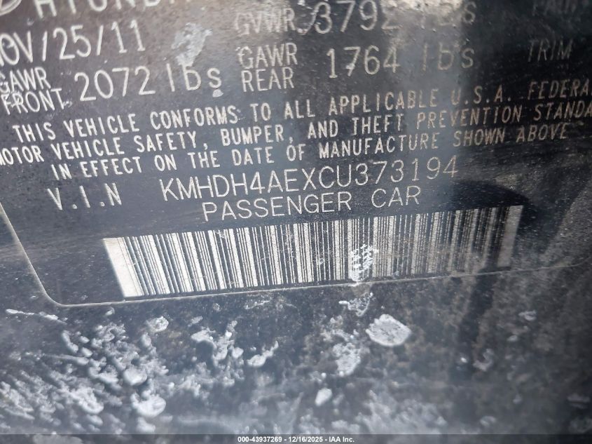 2012 Hyundai Elantra Gls (Ulsan Plant) VIN: KMHDH4AEXCU373194 Lot: 43937269