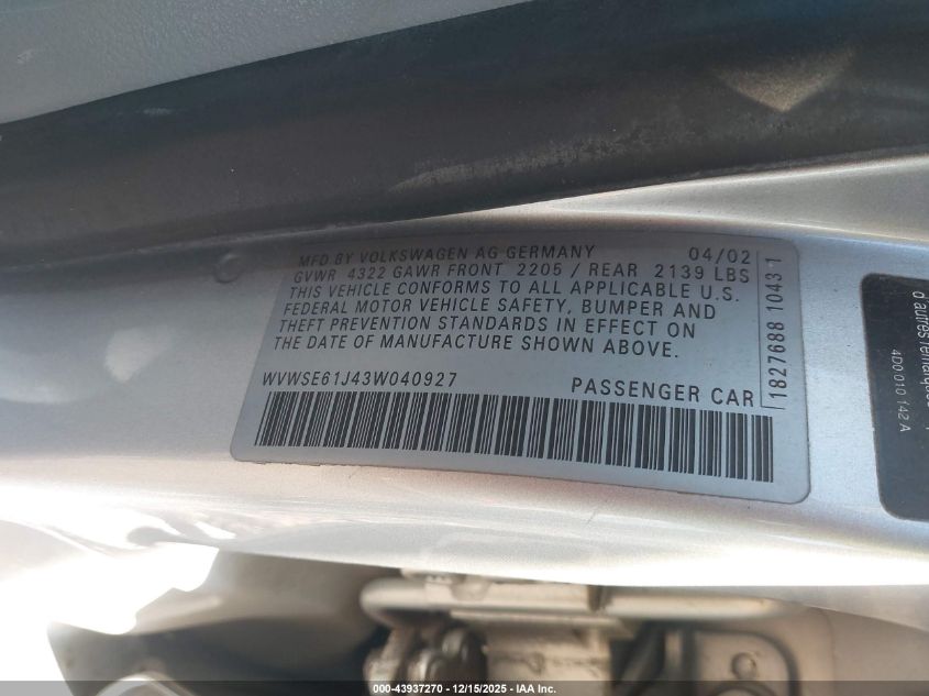 2003 Volkswagen Jetta Gls 1.8T VIN: WVWSE61J43W040927 Lot: 43937270