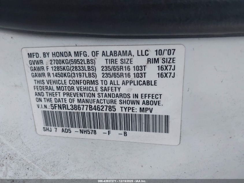 2007 Honda Odyssey Exl VIN: 5FNRL38677B462785 Lot: 43937271