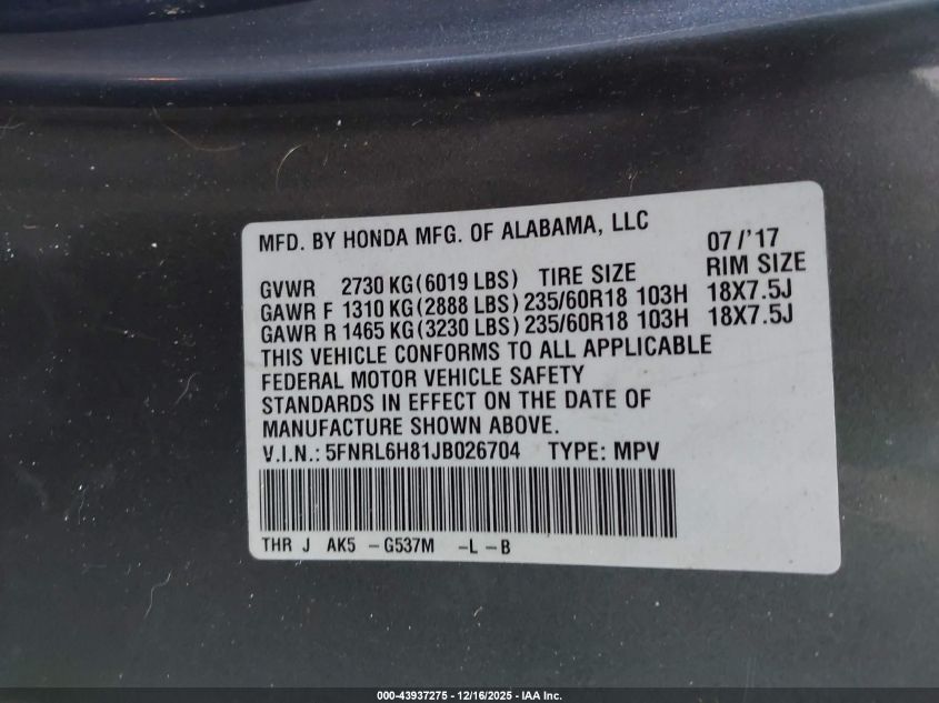 2018 Honda Odyssey Touring VIN: 5FNRL6H81JB026704 Lot: 43937275