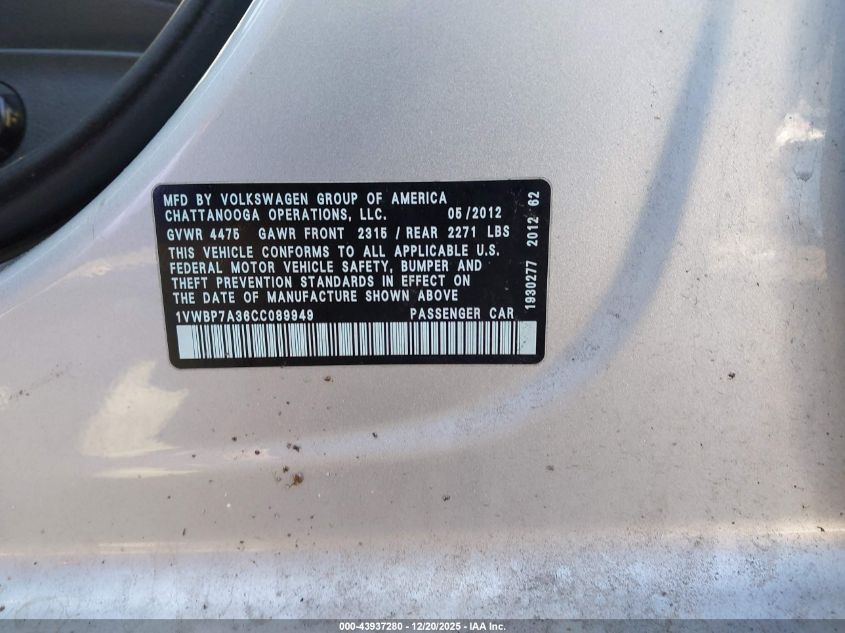 2012 Volkswagen Passat 2.5L Se VIN: 1VWBP7A36CC089949 Lot: 43937280