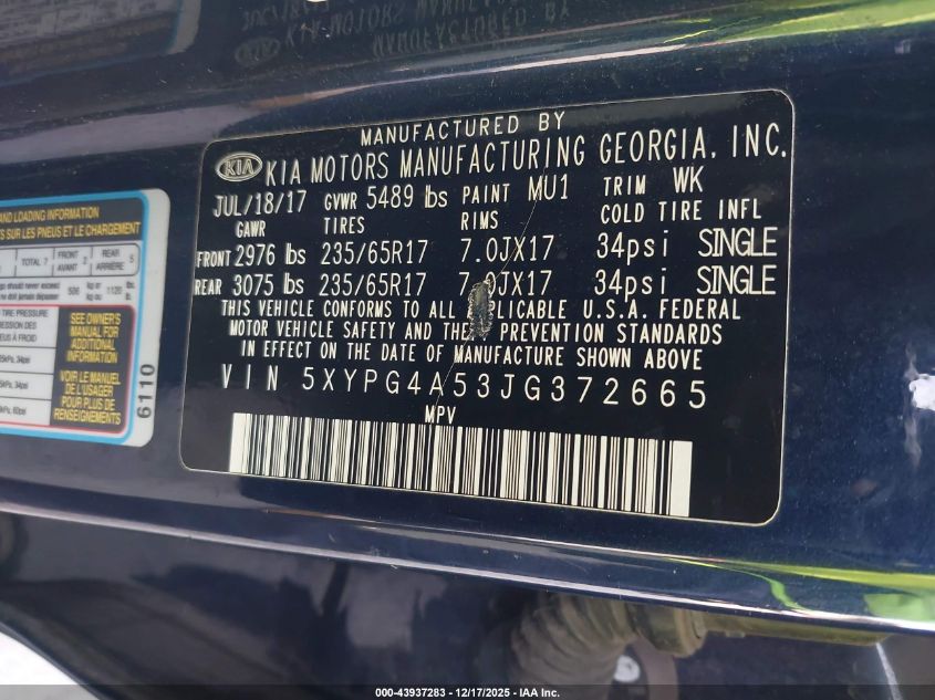 2018 Kia Sorento 3.3L Lx VIN: 5XYPG4A53JG372665 Lot: 43937283