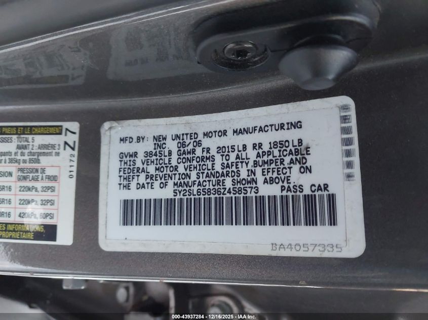 2006 Pontiac Vibe VIN: 5Y2SL65836Z458573 Lot: 43937284