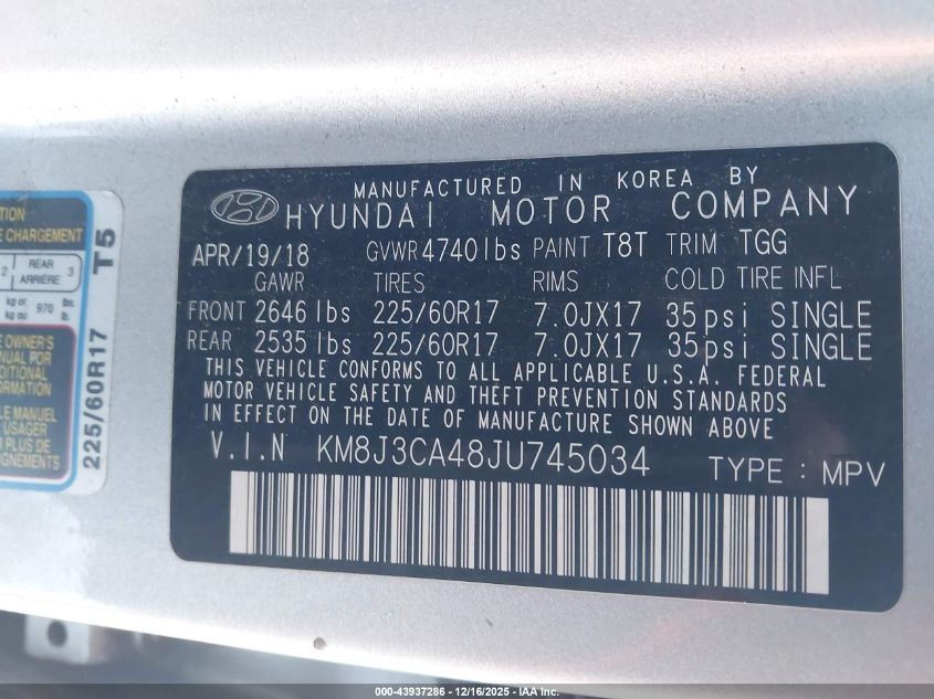 2018 Hyundai Tucson Sel VIN: KM8J3CA48JU745034 Lot: 43937286