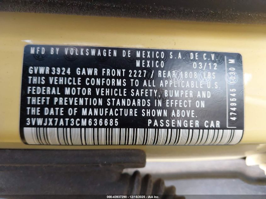 2012 Volkswagen Beetle 2.5L VIN: 3VWJX7AT3CM636685 Lot: 43937290