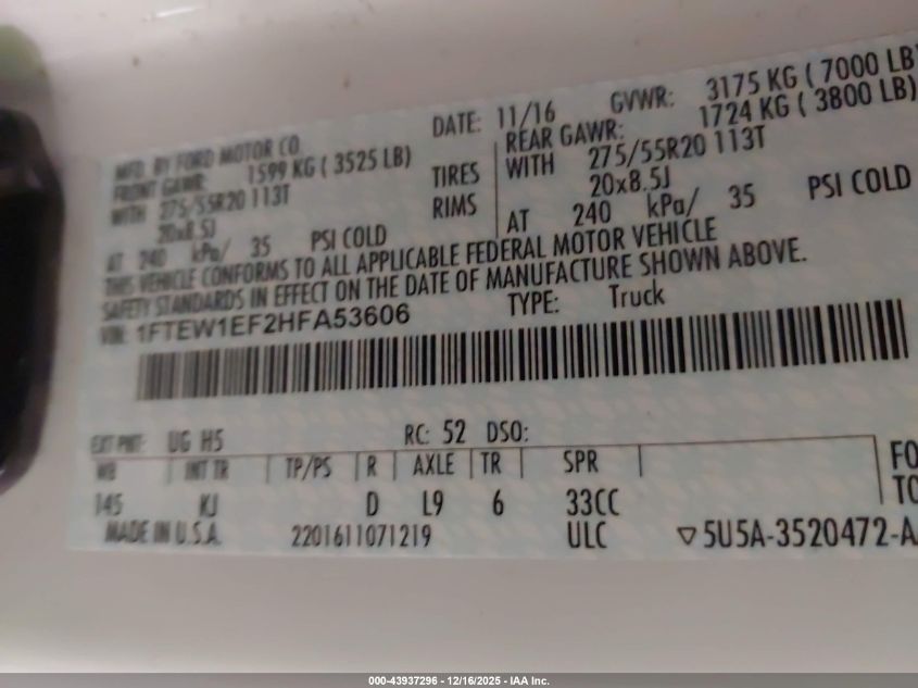 2017 Ford F-150 King Ranch VIN: 1FTEW1EF2HFA53606 Lot: 43937296