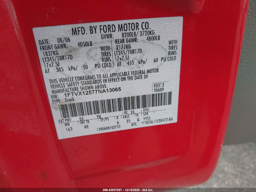 2007 Ford F-150 Xl/Xlt VIN: 1FTVX12577NA13065 Lot: 43937297