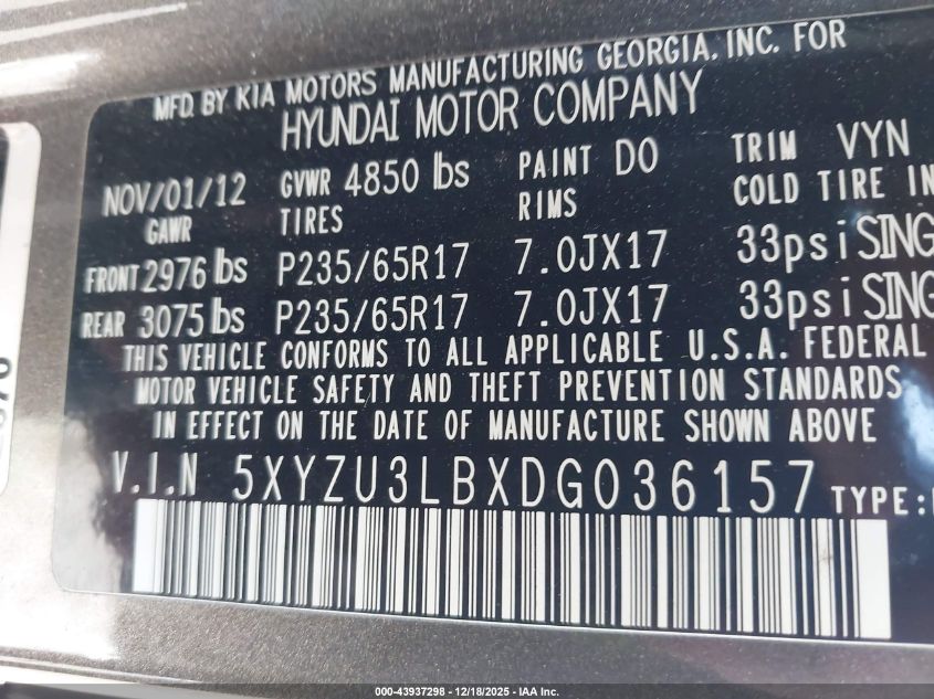 2013 Hyundai Santa Fe Sport VIN: 5XYZU3LBXDG036157 Lot: 43937298