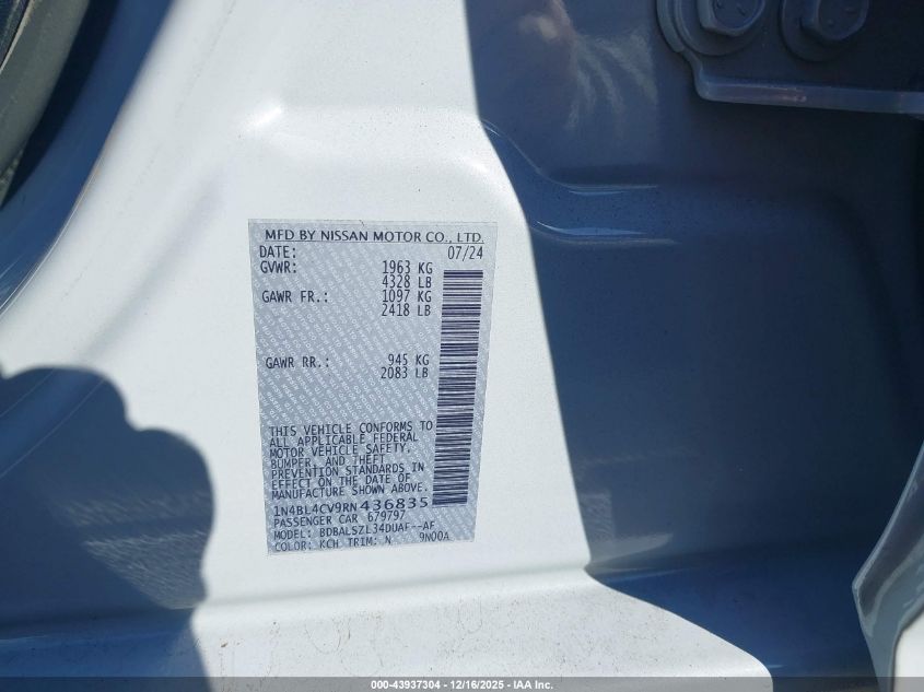 2024 Nissan Altima Sr Fwd VIN: 1N4BL4CV9RN436835 Lot: 43937304