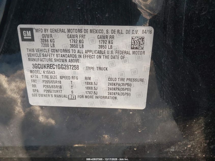 2016 Chevrolet Silverado 1500 2Lt VIN: 3GCUKREC1GG287258 Lot: 43937305