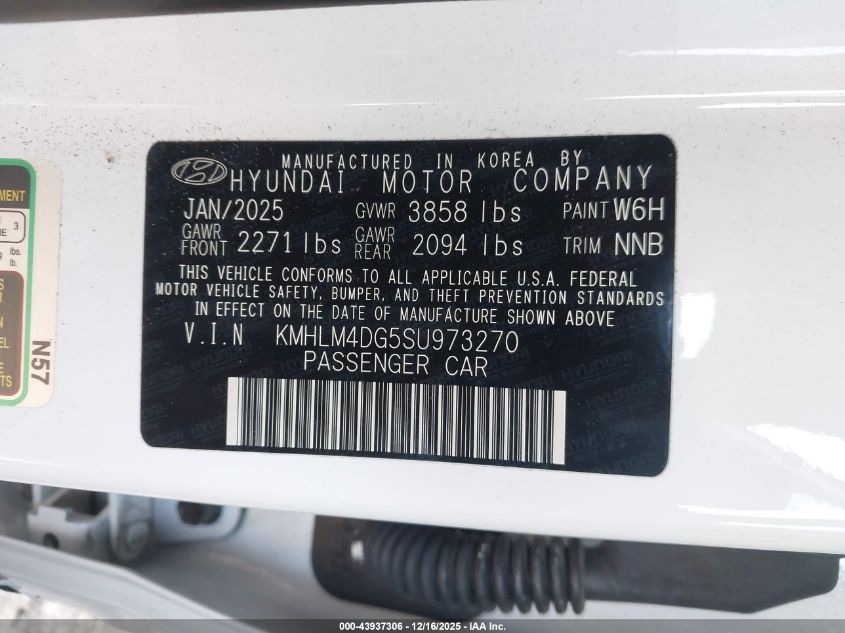 2025 Hyundai Elantra Sel Sport VIN: KMHLM4DG5SU973270 Lot: 43937306