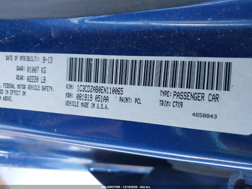 2014 Dodge Avenger Se VIN: 1C3CDZAB0EN110065 Lot: 43937309