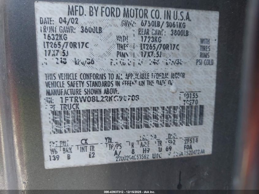 2002 Ford F-150 Lariat/Xlt VIN: 1FTRW08L22KC98708 Lot: 43937312