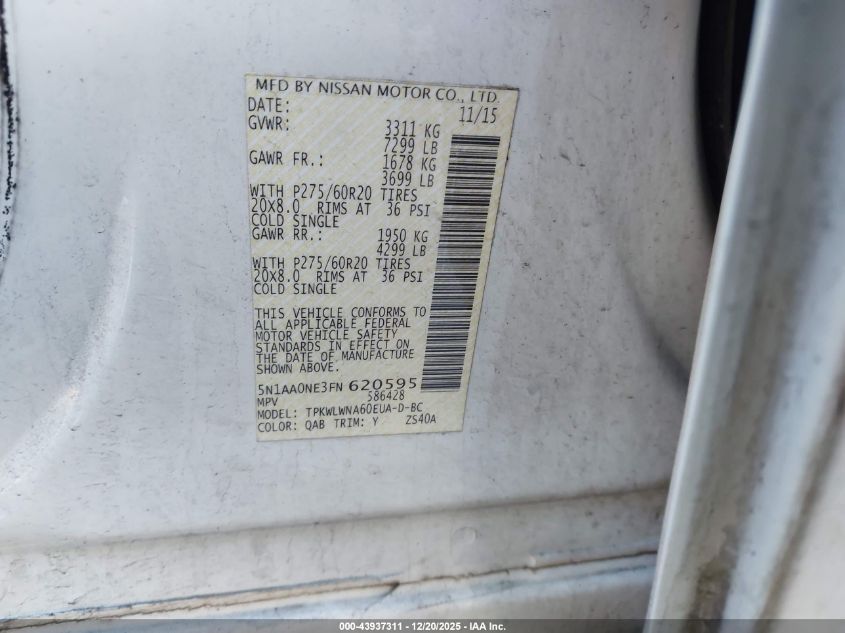 2015 Nissan Armada Platinum VIN: 5N1AA0NE3FN620595 Lot: 43937311