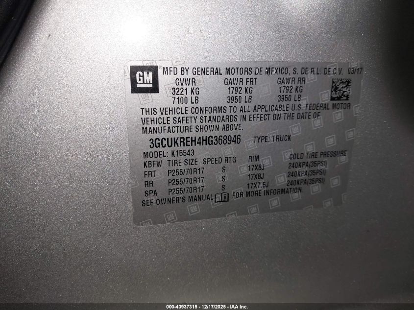 2017 Chevrolet Silverado 1500 1Lt VIN: 3GCUKREH4HG368946 Lot: 43937315