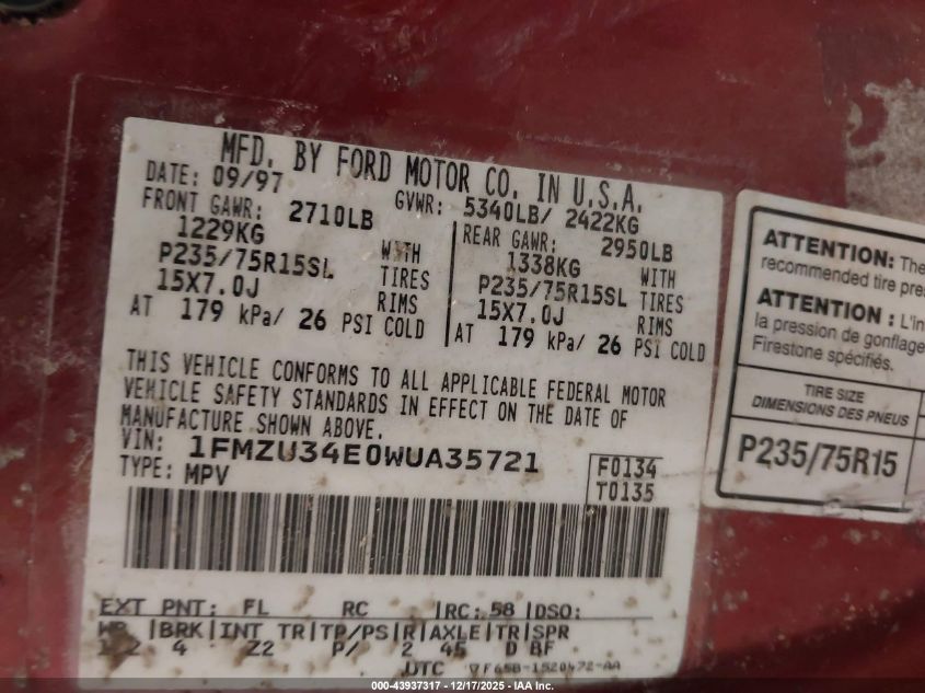 1998 Ford Explorer Eddie Bauer/Limited/Xl/Xlt VIN: 1FMZU34E0WUA35721 Lot: 43937317