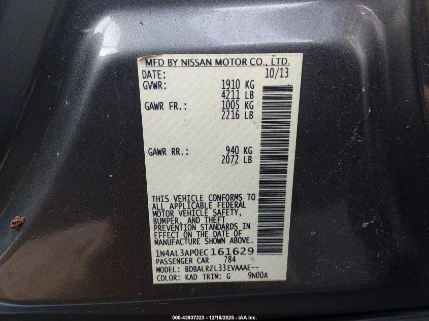 2014 Nissan Altima 2.5 S VIN: 1N4AL3AP0EC161629 Lot: 43937323