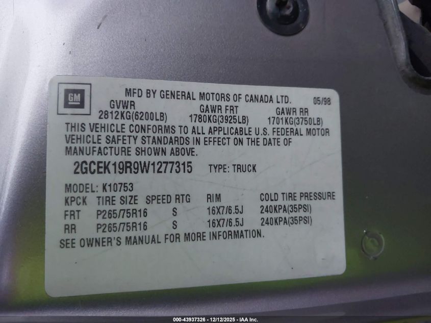 1998 Chevrolet K1500 Fleetside VIN: 2GCEK19R9W1277315 Lot: 43937326