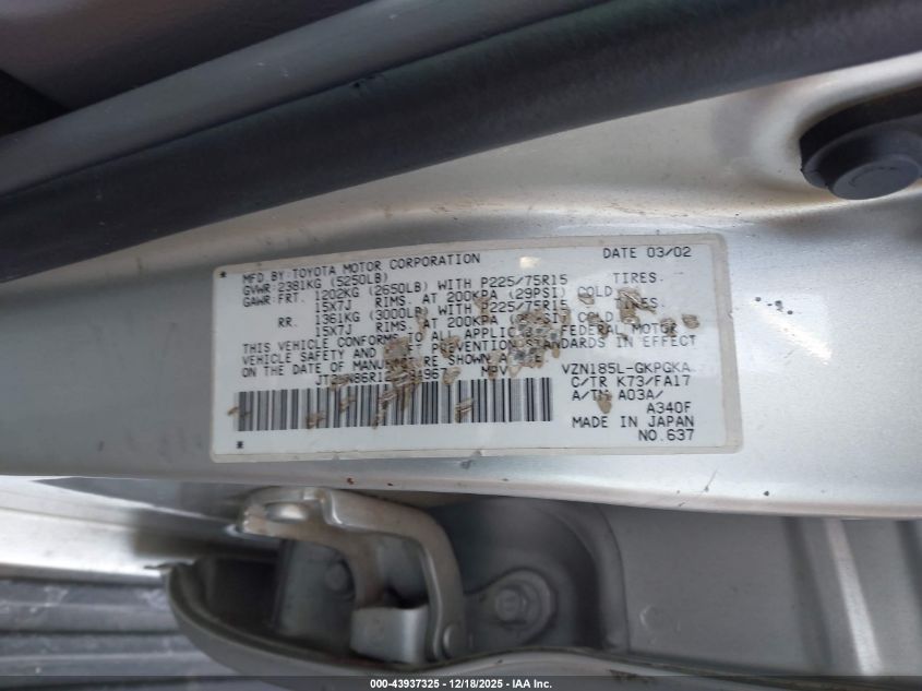 2002 Toyota 4Runner Sr5 V6 VIN: JT3HN86R120384967 Lot: 43937325