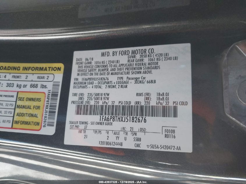 2018 Ford Mustang Ecoboost VIN: 1FA6P8THXJ5182676 Lot: 43937328