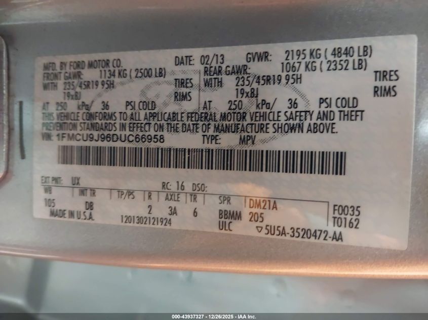 2013 Ford Escape Titanium VIN: 1FMCU9J96DUC66958 Lot: 43937327