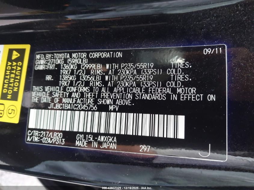 2012 Lexus Rx 450H VIN: JTJBC1BA1C2045756 Lot: 43937329