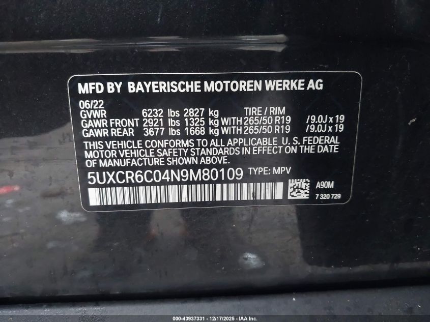 2022 BMW X5 xDrive40I VIN: 5UXCR6C04N9M80109 Lot: 43937331