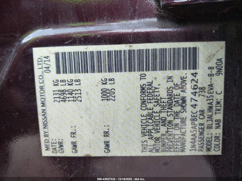 2014 Nissan Maxima 3.5 S/3.5 Sv VIN: 1N4AA5AP8EC474624 Lot: 43937332