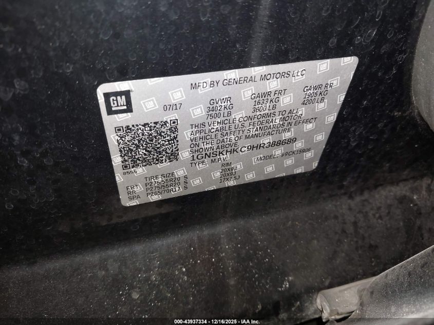 2017 Chevrolet Suburban Lt VIN: 1GNSKHKC9HR388689 Lot: 43937334