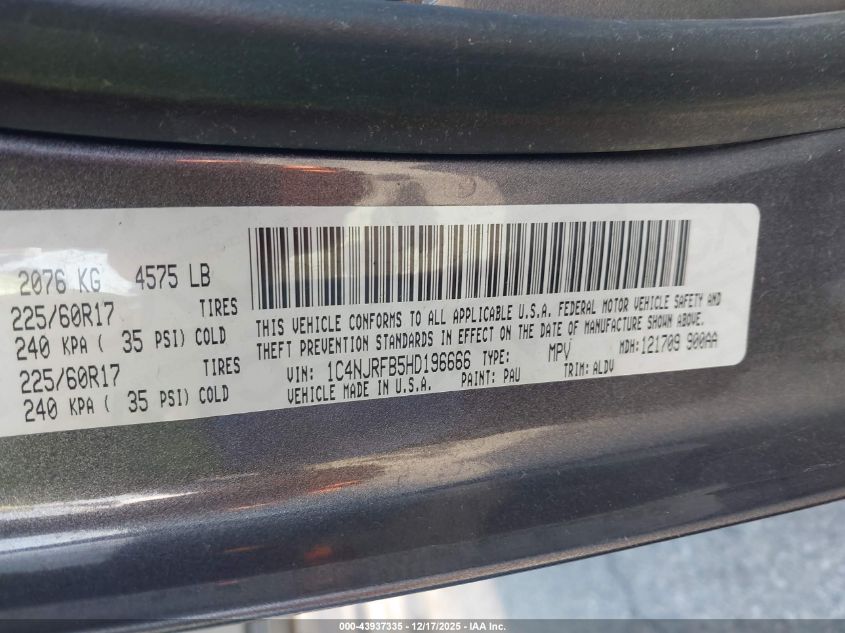 2017 Jeep Patriot High Altitude 4X4 VIN: 1C4NJRFB5HD196666 Lot: 43937335