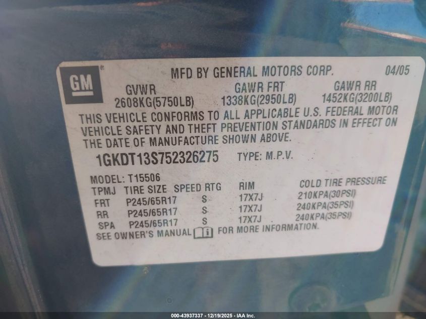 2005 GMC Envoy Slt VIN: 1GKDT13S752326275 Lot: 43937337