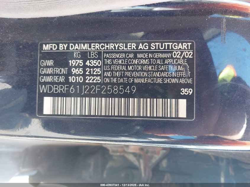 2002 Mercedes-Benz C 240 VIN: WDBRF61J22F258549 Lot: 43937341