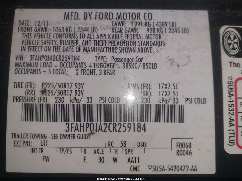 2012 Ford Fusion Sel VIN: 3FAHP0JA2CR259184 Lot: 43937345