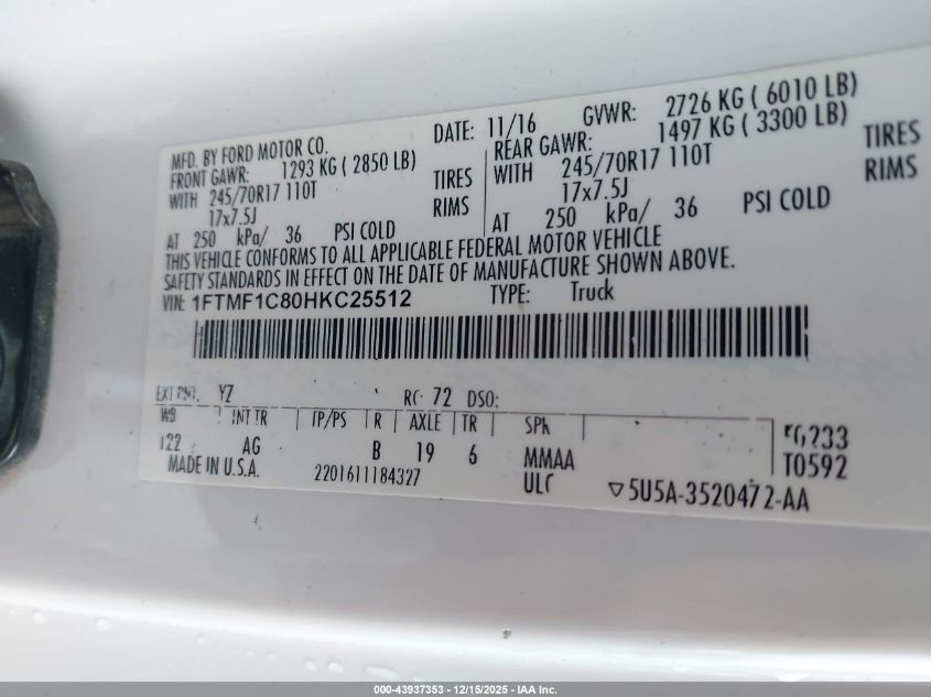 2017 Ford F-150 Xl VIN: 1FTMF1C80HKC25512 Lot: 43937353