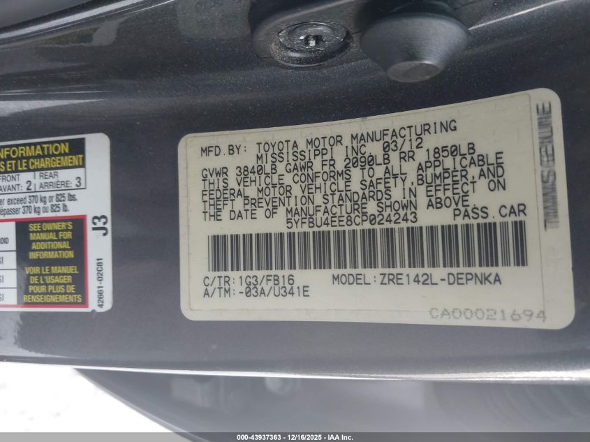 2012 Toyota Corolla Le VIN: 5YFBU4EE8CP024243 Lot: 43937363