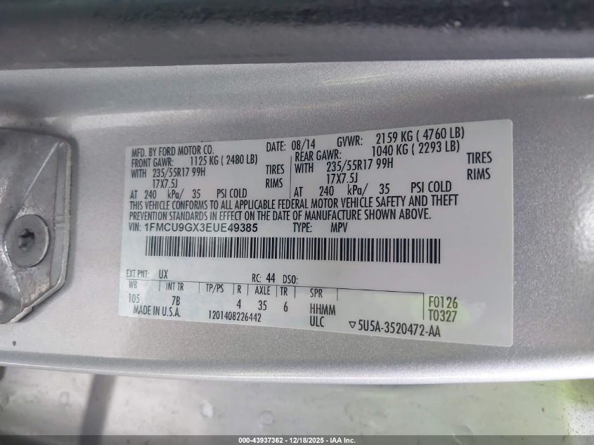 2014 Ford Escape Se VIN: 1FMCU9GX3EUE49385 Lot: 43937362