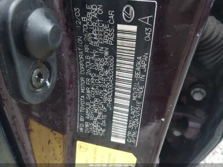 2004 Lexus Es 330 VIN: JTHBA30G045020650 Lot: 43937366