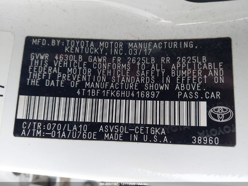 2017 Toyota Camry Xle VIN: 4T1BF1FK6HU416897 Lot: 43937367