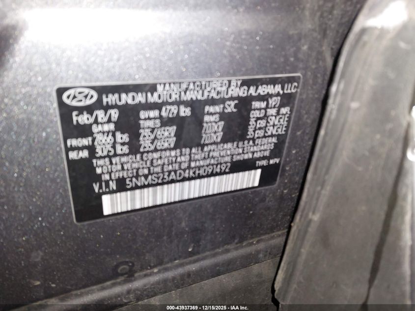 2019 Hyundai Santa Fe Se VIN: 5NMS23AD4KH091492 Lot: 43937369