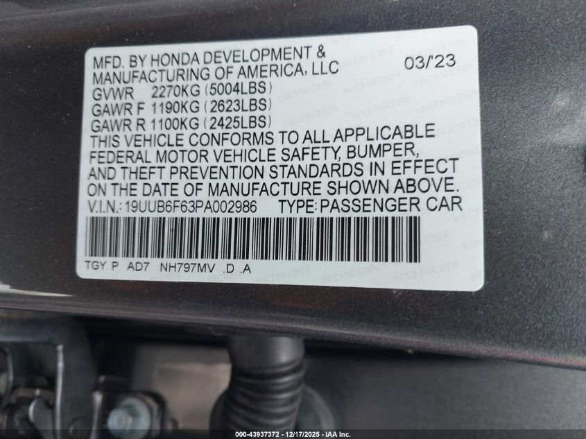 2023 Acura Tlx Advance Package VIN: 19UUB6F63PA002986 Lot: 43937372