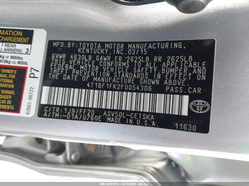 2015 Toyota Camry Se VIN: 4T1BF1FK2FU054306 Lot: 43937373