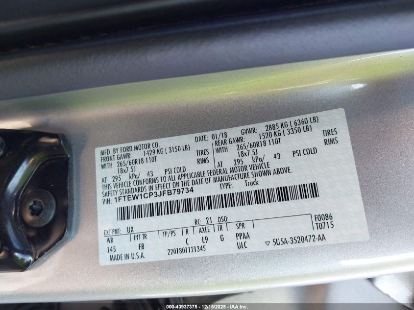 2018 Ford F-150 Xlt VIN: 1FTEW1CP3JFB79734 Lot: 43937375