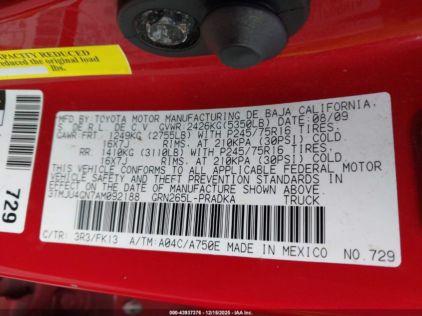 2010 Toyota Tacoma Prerunner V6 VIN: 3TMJU4GN7AM092188 Lot: 43937376