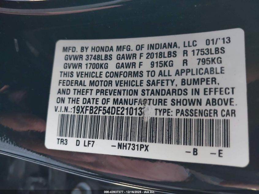 2013 Honda Civic Lx VIN: 19XFB2F54DE210133 Lot: 43937377