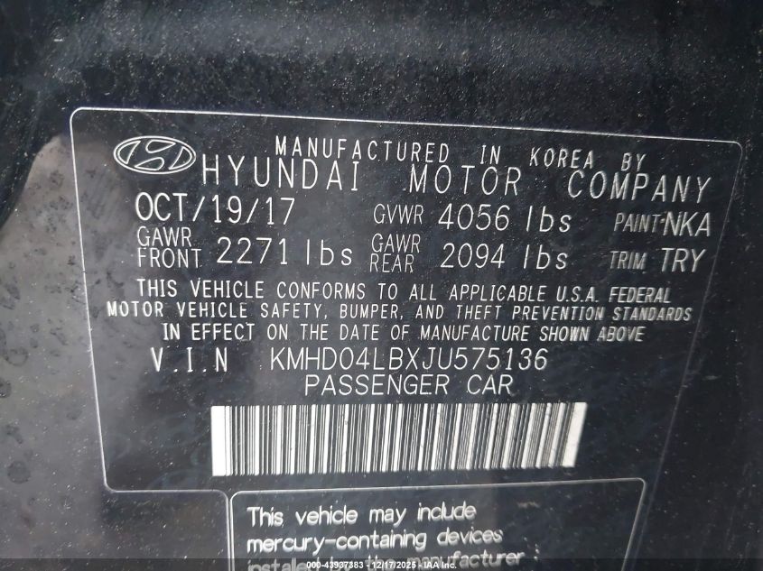 2018 Hyundai Elantra Sport VIN: KMHD04LBXJU575136 Lot: 43937383